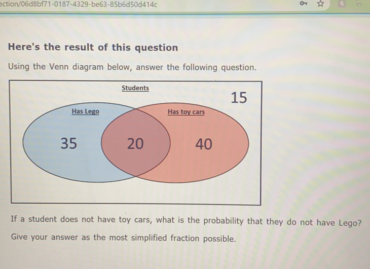 ection/06d8bf71-0187-4329-be63-85b6d50d414c
Here's the result of this question
Using the Venn diagram below, answer the following question.
If a student does not have toy cars, what is the probability that they do not have Lego?
Give your answer as the most simplified fraction possible.