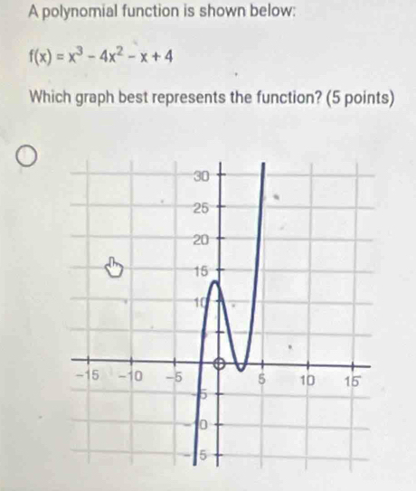 A polynomial function is shown below:
f(x)=x^3-4x^2-x+4
Which graph best represents the function? (5 points)