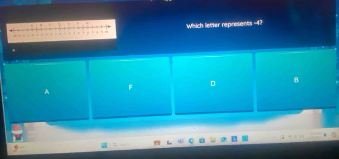 Which letter represents -4?
D
B
A