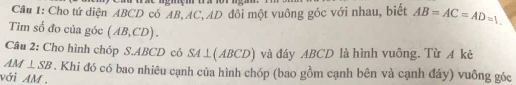 Cho tứ diện ABCD có AB, AC, AD đôi một vuông góc với nhau, biết AB=AC=AD=1. 
Tìm số đo của góc (AB,CD). 
Câu 2: Cho hình chóp S. ABCD có SA⊥ (ABCD) và đáy ABCD là hình vuông. Từ A kẻ
AM⊥ SB. Khi đó có bao nhiêu cạnh của hình chóp (bao gồm cạnh bên và cạnh đáy) vuông góc 
với AM.