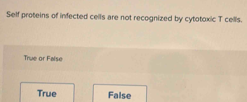 Solved: Self proteins of infected cells are not recognized by cytotoxic ...