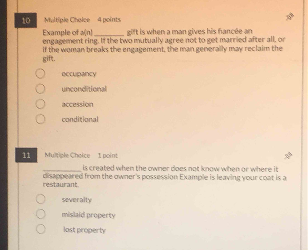 Solved: Example of a(n) _gift is when a man gives his fancée an ...