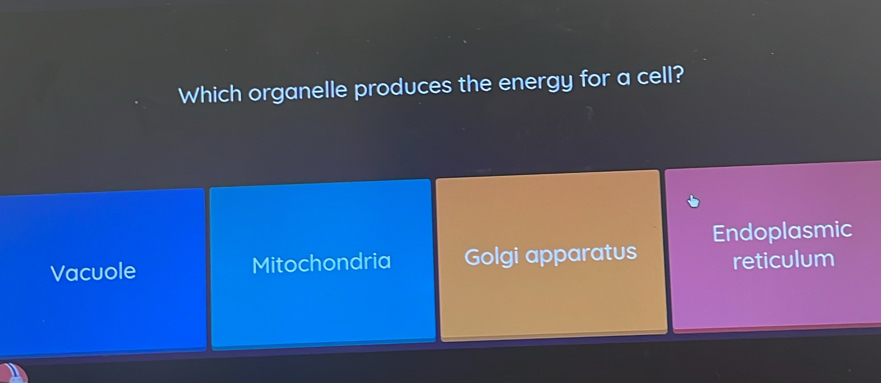 Which organelle produces the energy for a cell?
Vacuole Mitochondria Golgi apparatus Endoplasmic
reticulum