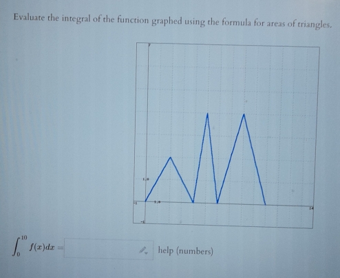 Evaluate the integral of the function graphed using the formula for areas of triangles.
∈t _0^(10)f(x)dx=□ hel (numbers)