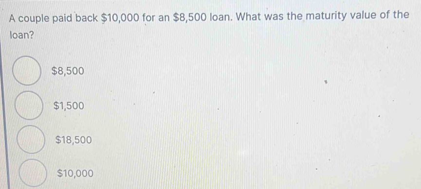 A couple paid back $10,000 for an $8,500 loan. What was the maturity value of the
loan?
$8,500
$1,500
$18,500
$10,000