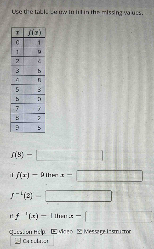 Use the table below to fill in the missing values.
f(8)=□
if f(x)=9 then x=□
f^(-1)(2)= □
if f^(-1)(x)=1 then x=□
Question Help: Video Message instructor
Calculator