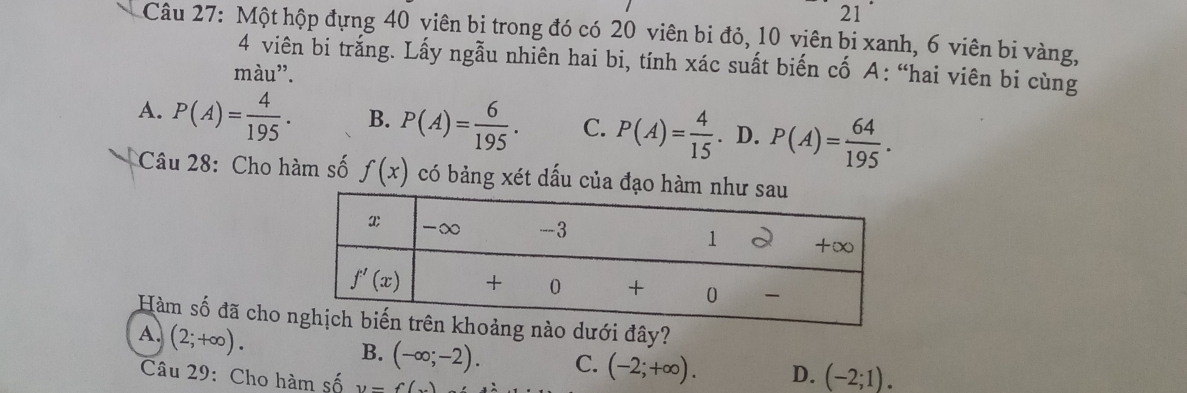 Một hộp đựng 40 viên bi trong đó có 20 viên bi đỏ, 10 viên bi xanh, 6 viên bi vàng,
4 viên bi trắng. Lấy ngẫu nhiên hai bi, tính xác suất biến cố A: “hai viên bi cùng
màu".
A. P(A)= 4/195 . B. P(A)= 6/195 . C. P(A)= 4/15 . D. P(A)= 64/195 .
Câu 28: Cho hàm số f(x) có bảng xét dấu của đạo 
Hàm số đã cho nào dưới đây?
A. (2;+∈fty ).
B. (-∈fty ;-2). C. (-2;+∈fty ). D. (-2;1).
Câu 29: Cho hàm số y=f(x)