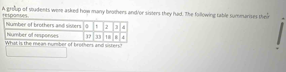 A group of students were asked how many brothers and/or sisters they had. The following table summarises their 
responses. 
of brothers and sisters?