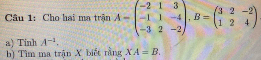 Cho hai ma trận A=beginpmatrix -2&1&3 -1&1&-4 -3&2&-2endpmatrix , B=beginpmatrix 3&2&-2 1&2&4endpmatrix
a) Tính A^(-1). 
b) Tìm ma trận X biết rằng X A=B.