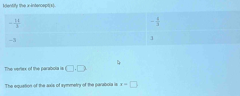 Identify the x-intercept(s).
- 14/3 
- 4/3 
-3
3
The vertex of the parabola is (□ ,□ ). 
The equation of the axis of symmetry of the parabola is x=□.