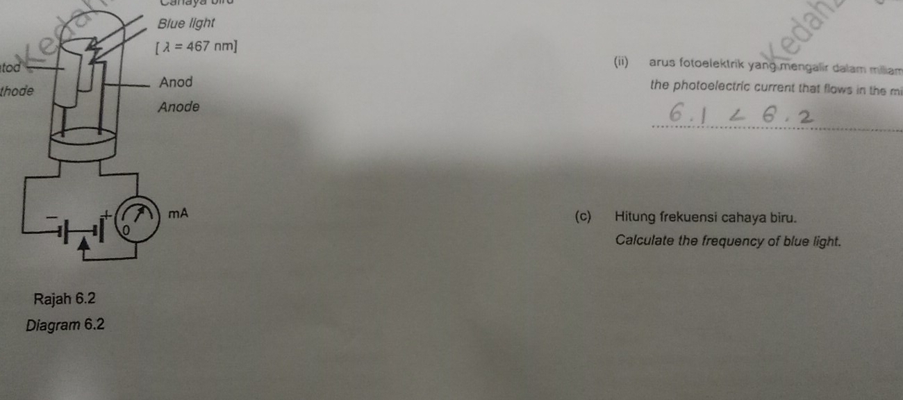 Canaya Uin
(ii) arus fotoelektrik yang mengalir dalam miliam
tod
thode
the photoelectric current that flows in the mi
_
(c) Hitung frekuensi cahaya biru.
Calculate the frequency of blue light.