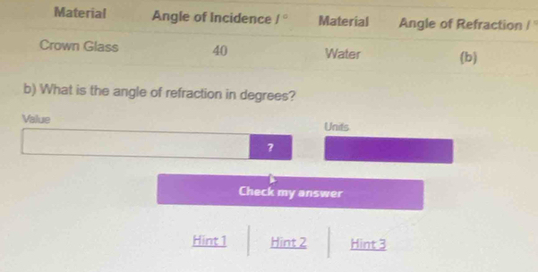 Material Angle of Incidence f° Material Angle of Refraction f°
Crown Glass 40 Water (b)
b) What is the angle of refraction in degrees?
Value Units
?
Check my answer
Hint 1 Hint 2 Hint 3