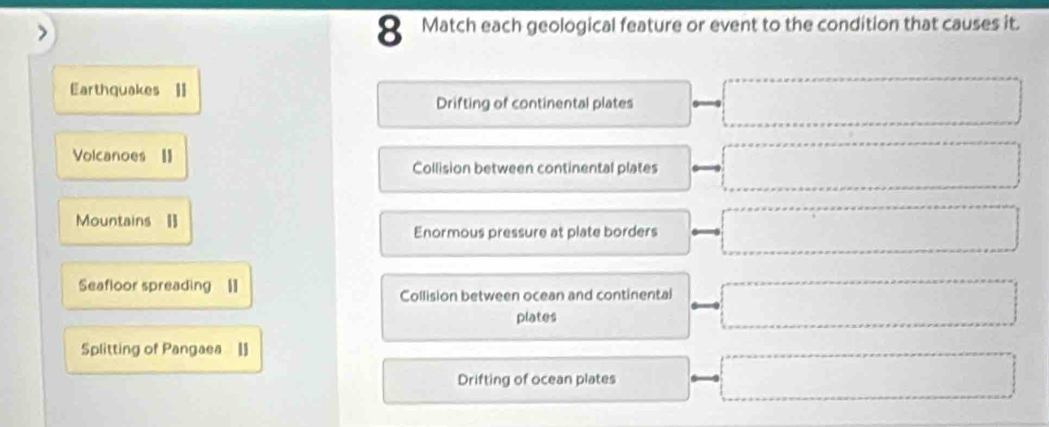 Match each geological feature or event to the condition that causes it.
Earthquakes II
Drifting of continental plates □ 
Volcanoes I
Collision between continental plates □ 
Mountains [
Enormous pressure at plate borders =□
Seafloor spreading 1
Collision between ocean and continental □ 
plates
Splitting of Pangaea []
Drifting of ocean plates □