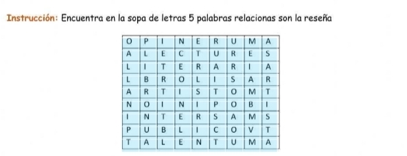 Instrucción: Encuentra en la sopa de letras 5 palabras relacionas son la reseña