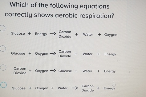 Which of the following equations
correctly shows aerobic respiration?
Carbon
Glucose + Energy Dioxide + Water + Oxygen
Carbon
Glucose + Oxygen Dioxide + Water + Energy
Carbon
Dioxide + Oxygen Glucose + Water + Energy
Carbon
Glucose + Oxygen + Water Dioxide + Energy