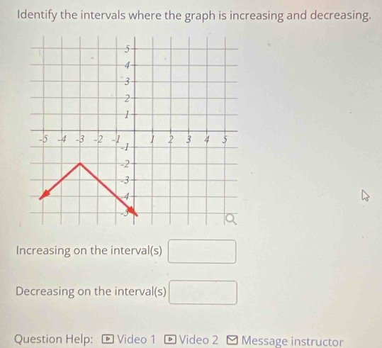 Identify the intervals where the graph is increasing and decreasing. 
Increasing on the interval(s) □
Decreasing on the interval(s) □ 
Question Help: Video 1 * Video 2 - Message instructor