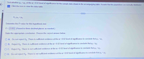 Test whetho mu _1 at the a=0.00 llevel of significance for the sample data shown is the accompanying table. Assums that the populations are normally distributed
Click the icon to view the data table
H_1u_1
Detemine t *-value for this hypothesis test
P=0.005 (Round to three decimal places as needed )
State the appropriate conclusion. Choose the correct answer below
A. Do not reject H_0 There is sufficient evidence at the a=002 level of significance to conclude tha mu _1
B. Reject H_3. There is sufficient evidence at the a=0.022 level of significance to conclude that mu _1
C. Reject H_9 There is not sufficient evidence at the a=0.02 level of significance to conclude that P_1
D. Do not reject H_0. There is not sufficient evidence at the alpha =0.02 t level of significance to conclude that P1° 92