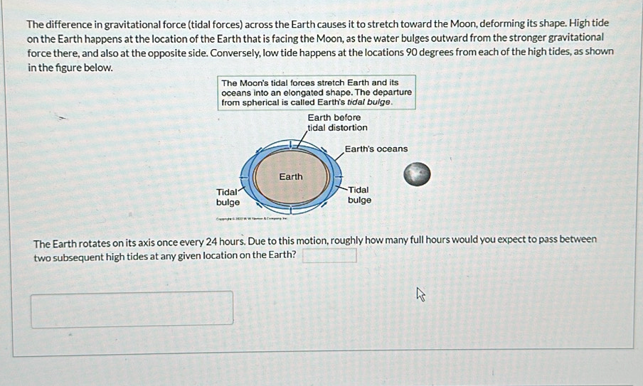 The difference in gravitational force (tidal forces) across the Earth causes it to stretch toward the Moon, deforming its shape. High tide
on the Earth happens at the location of the Earth that is facing the Moon, as the water bulges outward from the stronger gravitational
force there, and also at the opposite side. Conversely, low tide happens at the locations 90 degrees from each of the high tides, as shown
in the figure below.
The Moon's tidal forces stretch Earth and its
oceans into an elongated shape. The departure
from spherical is called Earth's tidal bulge.
The Earth rotates on its axis once every 24 hours. Due to this motion, roughly how many full hours would you expect to pass between
two subsequent high tides at any given location on the Earth? □