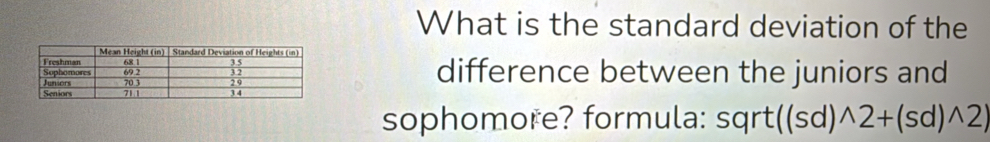 What is the standard deviation of the 
difference between the juniors and 
sophomore? formula: sqrt((sd) wedge 2+(sd)wedge 2