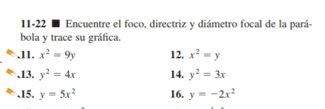 11-22 ■ Encuentre el foco, directriz y diámetro focal de la pará- 
bola y trace su gráfica. 
.11. x^2=9y 12. x^2=y.13. y^2=4x 14. y^2=3x.15. y=5x^2 16. y=-2x^2