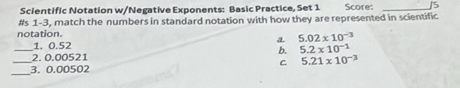 Scientific Notation w/Negative Exponents: Basic Practice, Set 1 Score:_
/5
#s 1-3, match the numbers in standard notation with how they are represented in scientific
notation.
a 5.02* 10^(-3)
_1. 0.52
b. 5.2* 10^(-1)
_2. 0.00521
C. 5.21* 10^(-3)
_3. 0.00502