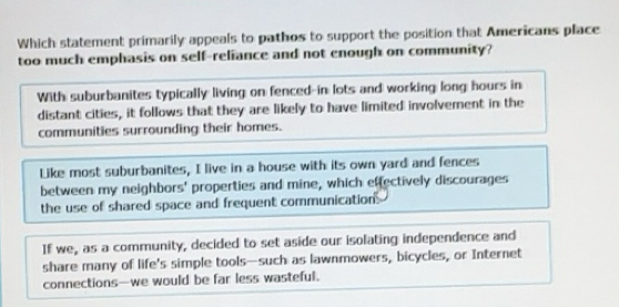 Solved: Which statement primarily appeals to pathos to support the ...
