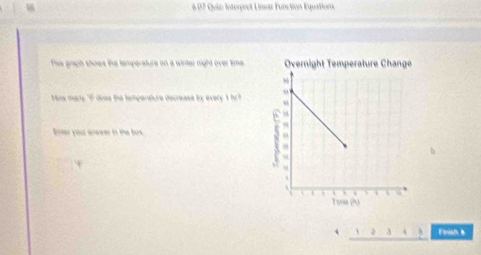 607 Quie: Interpret Linear Function Équations 
This graph shows the temperature on a winter night over time. Overnight Temperature Change 
Now mary "I does the temperature decrease by every I hr? 
Enter your answer in the box. 
Fnish b