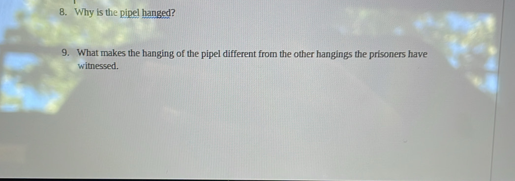 Why is the pipel hanged? 
9. What makes the hanging of the pipel different from the other hangings the prisoners have 
witnessed.