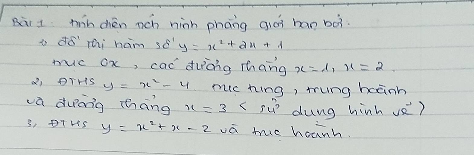 hinh chèn nch ninh phāng glái han boì. 
t d delta ' Thi ham so - y=x^2+2x+1
muc ox, cac duòng thāng x=1, x=2. 
) BTHS y=x^2-4 muic hing, trung hoanh 
va duòig thhāng x=3 dung hinh ve) 
3, OTHS y=x^2+x-2 vā tuc hoanh.