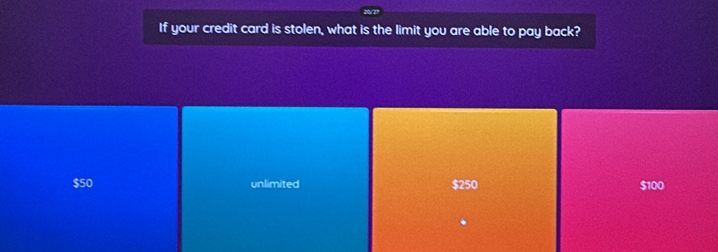 If your credit card is stolen, what is the limit you are able to pay back?
$50 unlimited $250 $100