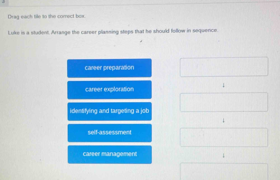 Drag each tile to the correct box.
Luke is a student. Arrange the career planning steps that he should follow in sequence.
career preparation
career exploration
identifying and targeting a job
self-assessment
career management