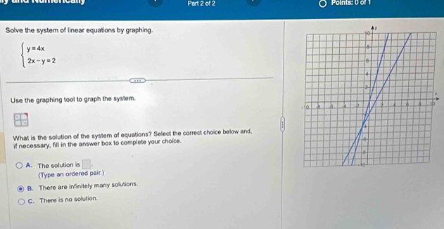 Solve the system of linear equations by graphing.
beginarrayl y=4x 2x-y=2endarray.
Use the graphing tool to graph the system.
beginarrayr □  □ endarray
What is the solution of the system of equations? Select the correct choice below and,
if necessary, fill in the answer box to complete your choice.
A. The solution is □ . 
(Type an ordered pair.)
B. There are infinitely many solutions.
C. There is no solution.