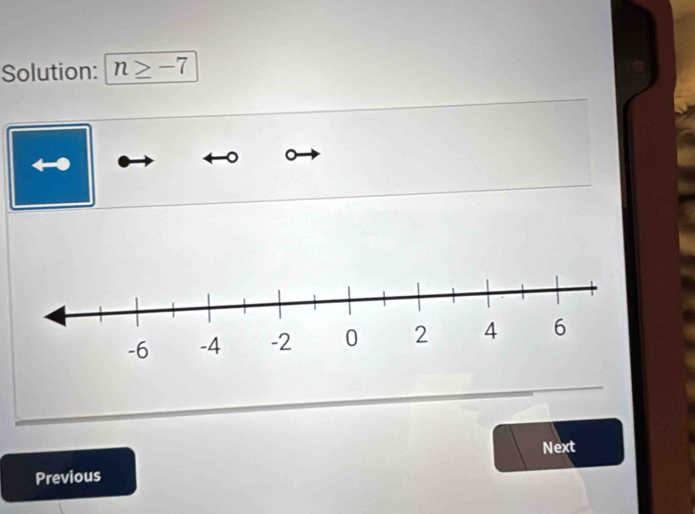 Solution: n≥ -7
Next 
Previous