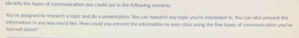 ldentify the types of communication you could use in the following scenario: 
You're assigned to research a topic and do a presentation. You can research any topic you're interested in. You can also present the 
information in any way you'd like. How could you present the information to your class using the five types of communication you've 
learned about?