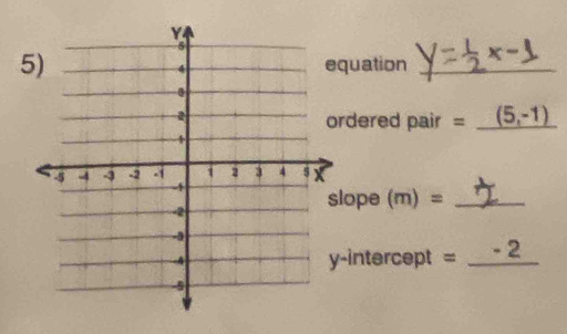 quation_ 
rdered pair =_ (5,-1) _ 
lope (m) =_ 
-intercept =_