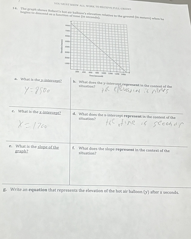 YOU MUST SHOW ALL WORK TO RECEIVE FULL CREDIT. 
14. The graph shows Robert's hot air balloon's elevation relative to the ground (in meters) when he 
begins to descend as a function of time (in seconds). 
conds) 
a. What is the y-intercept? b. What does the y-intercept represent in the context of the 
situation? 
c. What is the x-intercept? d. What does the x-intercept represent in the context of the 
situation? 
e. What is the slope of the f. What does the slope represent in the context of the 
graph? situation? 
g. Write an equation that represents the elevation of the hot air balloon (y) after x seconds.