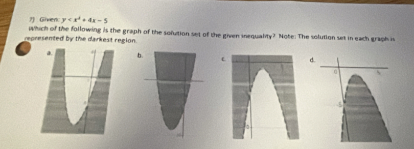 7 Given: y
Which of the following is the graph of the solution set of the given inequality? Note: The solution set in each graph is 
represented by the darkest region.