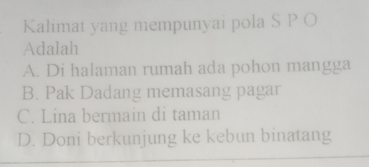 Kalimat yang mempunyai pola S P O
Adalah
A. Di halaman rumah ada pohon mangga
B. Pak Dadang memasang pagar
C. Lina bermain di taman
D. Doni berkunjung ke kebun binatang