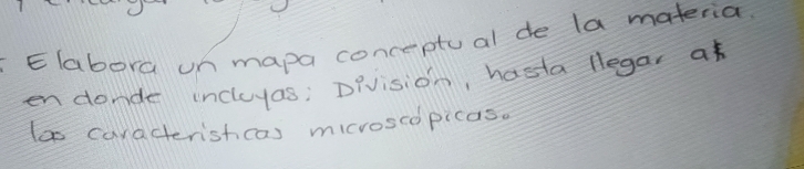 Elabora un mapa conceptual de la materia 
en donde incluyas: Division, hasta legar at 
ta caxacterishcas micvoscopicas.