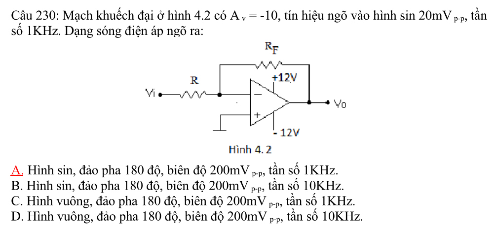 Mạch khuếch đại ở hình 4.2 có A_v=-10 0 tn hiệu ngõ vào hình sin 20mV_p-p ,, tần
số 1KHz. Dạng sóng điện áp ngõ ra:
Hình 4. 2
A Hình sin, đảo pha 180 độ, biên độ 200mV pp, tần số 1KHz.
B. Hình sin, đảo pha 180 độ, biên độ 200mV p, tần số 10KHz.
C. Hình vuông, đảo pha 180 độ, biên độ 200mV p , tần số 1KHz.
D. Hình vuông, đảo pha 180 độ, biên độ 200mV V p-p, tần số 10KHz.