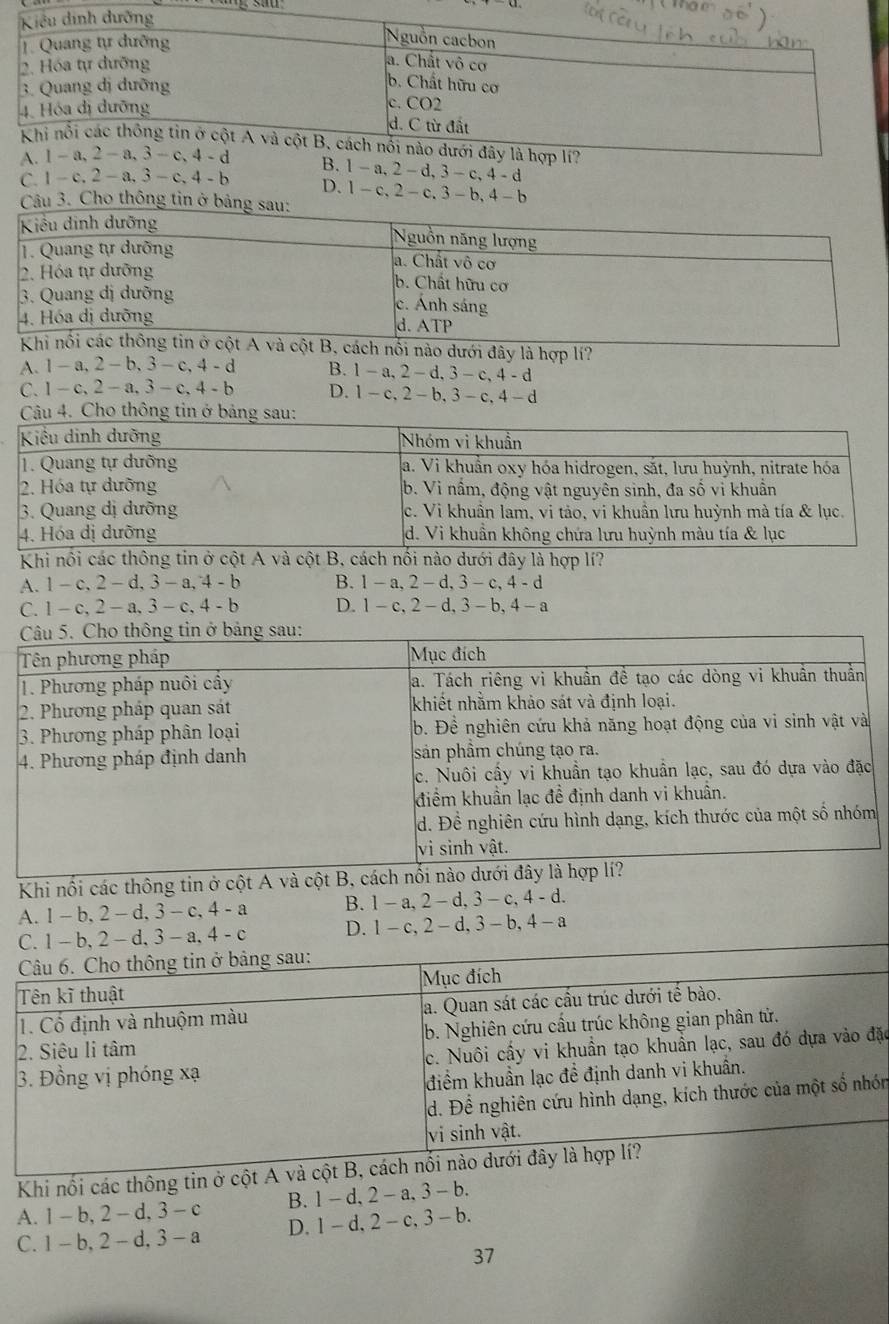 à hợp lí?
A. |- c, 4 -d
B. 1 - a, 2 - d, 3 - c, 4 - d
C. 1 - c. 2 - a. 3 -c. 4 - b
D. 1 - c, 2 - c, 3 -b, 4 - b
Câu 3. Cho thông tin ở bảng sau:
Khi nổi ng tin ở cột A và cột B, cách nổi nào dưới đây là hợp lí?
A. 1 - a, 2 - b, 3 - c, 4 -d B. 1 -a, 2- d, 3 - c, 4 - d
C. 1 — c, 2 - a, 3 - c, 4 - b D. 1- c, 2- b, 3-c, 4-d
Câu 4. Cho thông tin ở bảng sau:
Khi nổi các thông tin ở cột A và cột B, cách nối nào dưới đây là hợp lí?
A. 1 - c, 2 - d, 3 - a, 4 - b B. 1 - a, 2- d, 3 -c, 4 - d
C. 1 - c, 2- a, 3 - c, 4 - b D. 1- c, 2 - d, 3 - b, 4 - a
Khi nối các thông tin ở cột A và cột
A. 1 - b, 2 - d, 3 - c, 4- a B. 1 - a, 2 - d, 3 - c, 4 - d.
C. 1 - b, 2- d, 3 - a, 4 - c D. 1- c, 2 - d, 3 - b, 4 - a
ặc
ón
Khi nổi các thông tin
A. 1 - b, 2 - d, 3 - c B. 1 - d, 2 - a, 3 - b.
C. 1 - b, 2 - d, 3- a D. 1 -d, 2 - c, 3- b.
37