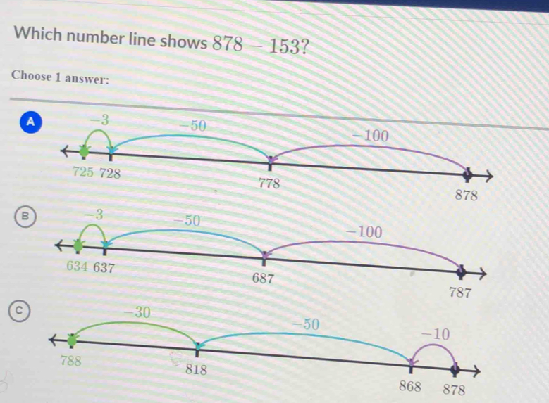 Which number line shows 878-153 ?
Choose 1 answer:
A -3 -50
-100
725 728
778
788 818
868 878