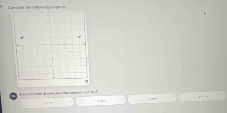 Consider the following diagram;
Ba Select the line of reflection that transforms A to A'.
y=x A x-axis B y-axis C y=-x
