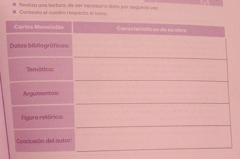 Realiza una lectura, de ser necesario léelo por segunda vez. 
Contesta el cuadro respecto al texto.