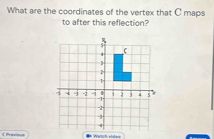 What are the coordinates of the vertex that C maps 
to after this reflection? 
< Previous Watch video 
(