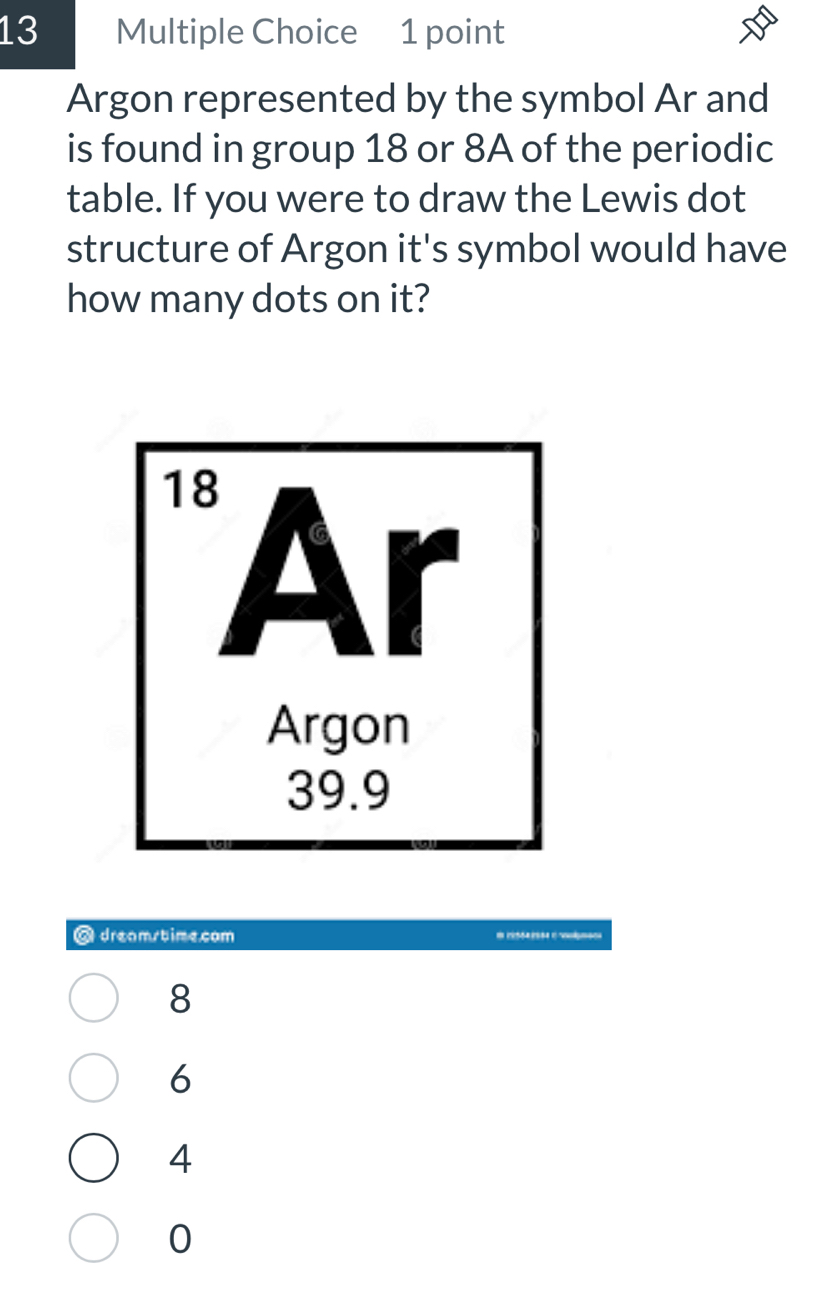 Argon represented by the symbol Ar and
is found in group 18 or 8A of the periodic
table. If you were to draw the Lewis dot
structure of Argon it's symbol would have
how many dots on it?
@ dreom/time.com
8195 1
8
6
4
0