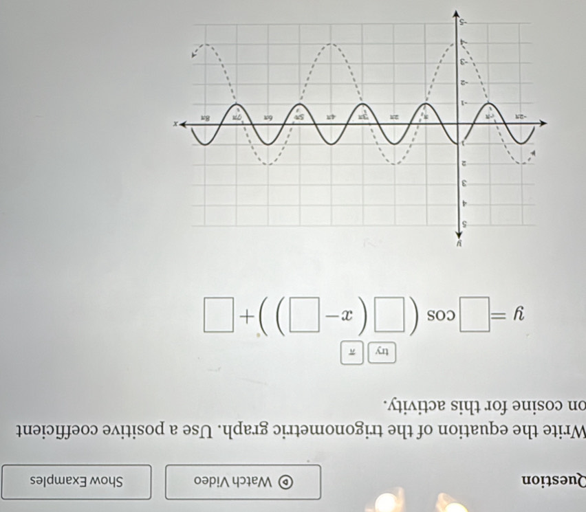 Question Watch Video Show Examples
Write the equation of the trigonometric graph. Use a positive coefficient
on cosine for this activity.
try π
y=□ cos (□ (x-□ ))+□