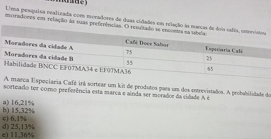 ndadé)
Uma pesquisa realizada com moradores de duas cidades em re
moradores em relação às suas prefe
eciaria Café irá sortear um kit de produtos para um dos entrevistados. A probabilidade do
sorteado ter como preferência esta marca e ainda ser morador da cidade A é
a) 16,21%
b) 15,32%
c) 6,1%
d) 25,13%
e) 11,36%