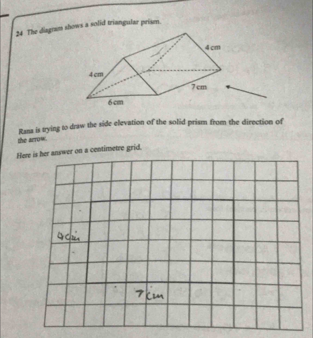 Rana is trying to draw the side elevation of the solid prism from the direction of 
the arrow. 
Here is her answer on a centimetre grid.