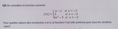 On considère la fonction suivante
f(x)=beginarrayl a-xsix -2endarray.
Pour quelles valeurs des constantes a et b, la fonction f est-elle continue pour tous les nombres 
réels?